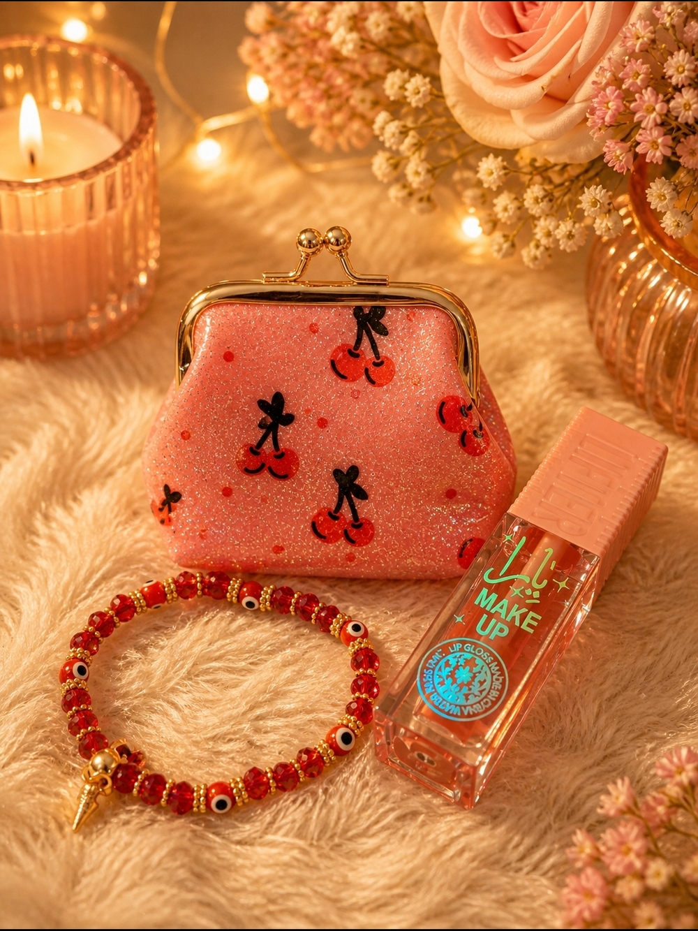 Pink Cherry Glitter Kiss-Lock Coin Purse - Bracelet And Lip Gloss